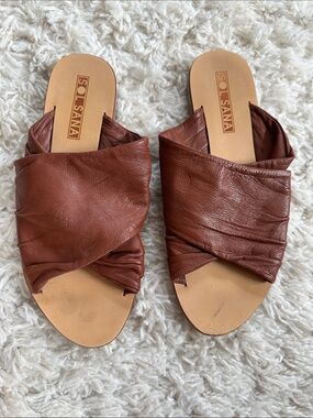 SOL SANA Y2K Luxury Bohemian Cognac Leather Twist Mule Slides Sz EU 36 = 6 EUC